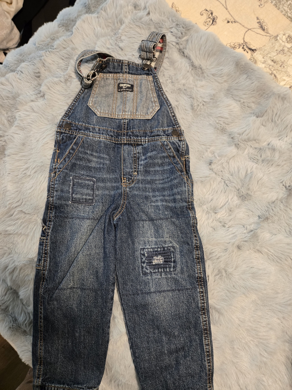 OshKosh B'gosh Flannel Lined Denim Overalls 3T Red Plaid Distressed